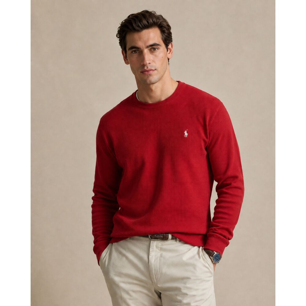Polo Ralph Lauren Men’s L Red Waffle Knit Cotton Crewneck Sweater Pony Logo